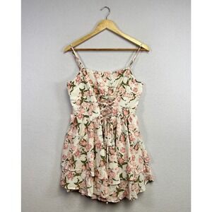 SHEIN MOD Floral Print Lace Up Ruffle Hem Mini Dress Women's Size L